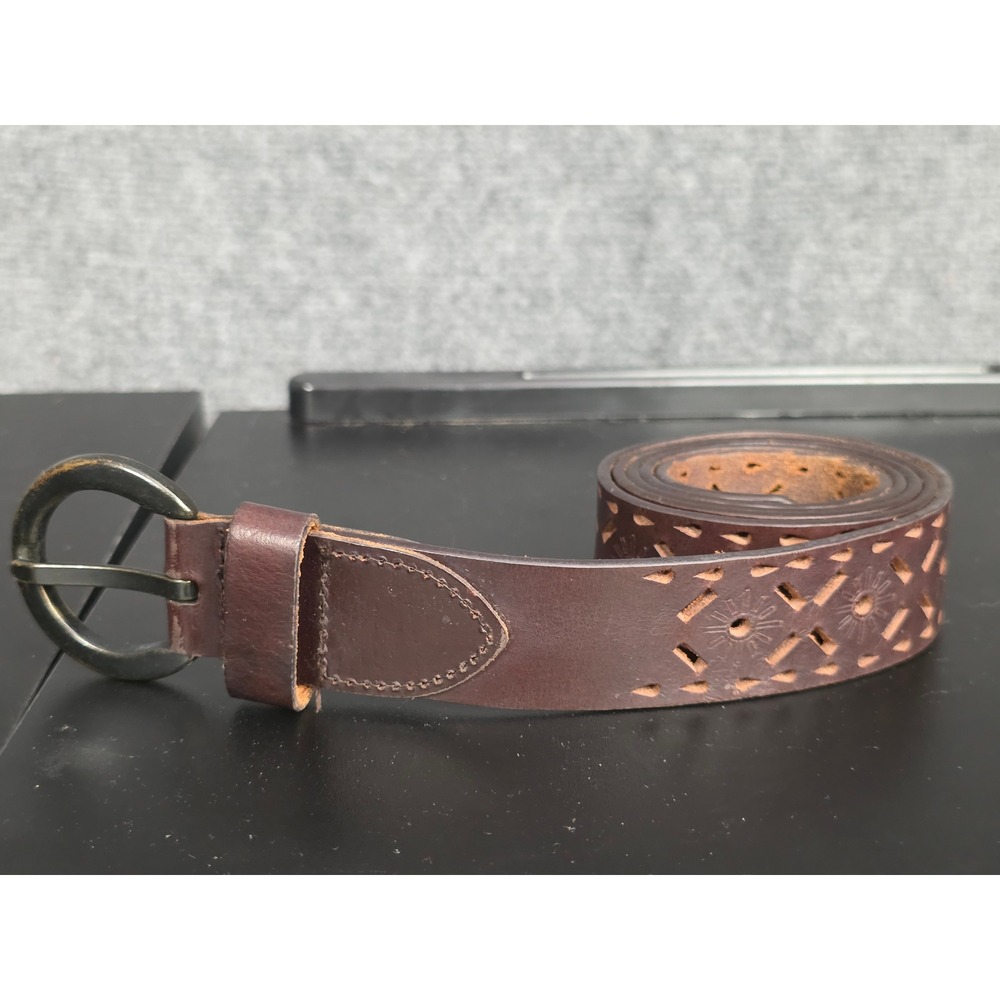 Brown Leather Belt XL Extra Large Cutout Floral Design Round Buckle Women HIppie